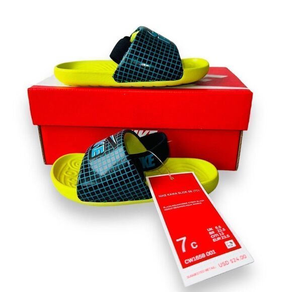 Nike Kawa Slide SE Black / Cyber / Aquamarine CW1658-001 Infant 7 - Picture 1 of 11